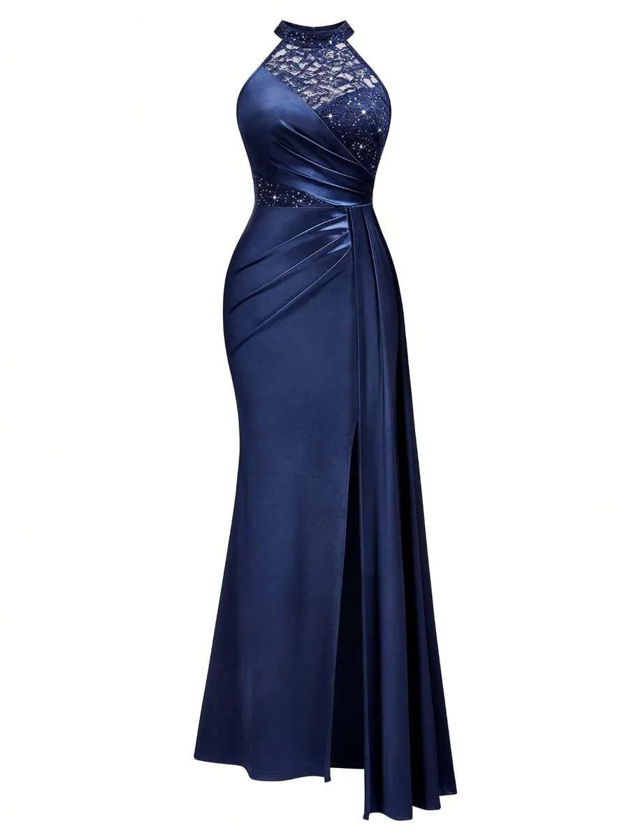 Valentina | Women's Sequin Lace Draped Maxi Evening Dress