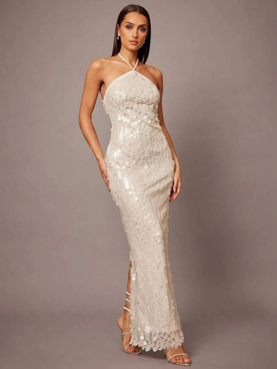 Ivana | Women's Sequin Halter Backless Maxi Dress