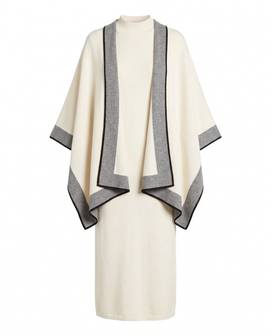 Cream mock neck knit midi dress and open shawl cape set with grey contrast border, front view