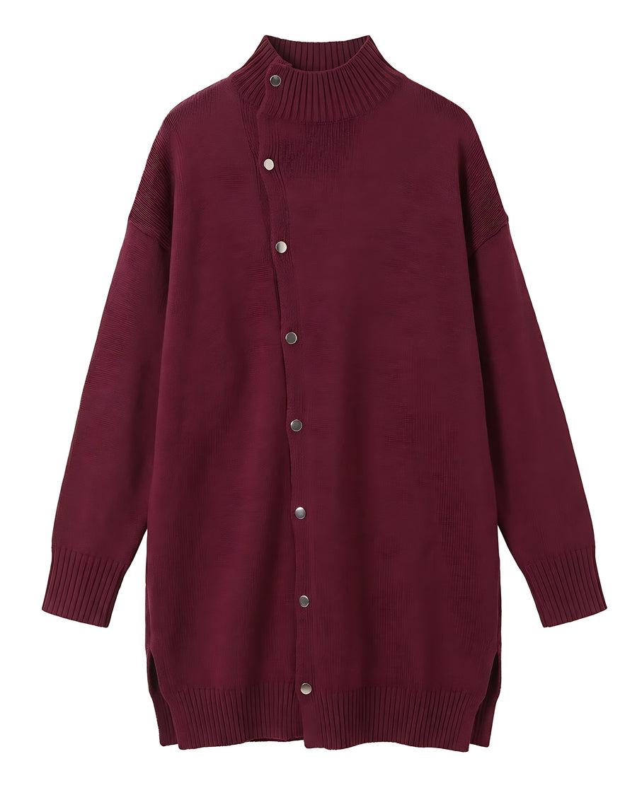 Women's oversized mock neck snap button tunic sweater in wine, front view