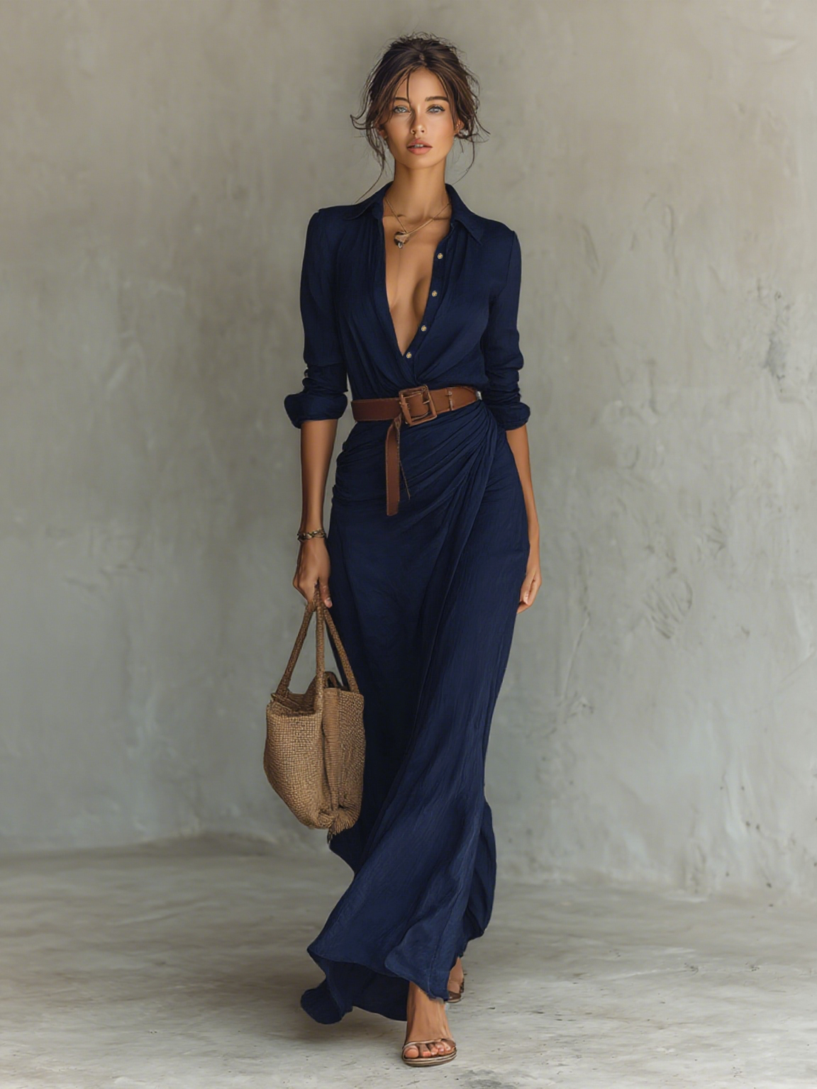Adriana | Women's Lapel Belted Maxi Dress