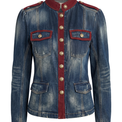 Blue washed denim military jacket with burgundy stand collar, burgundy placket and gold buttons, front view on white