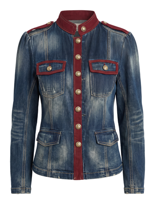 Blue washed denim military jacket with burgundy stand collar, burgundy placket and gold buttons, front view on white