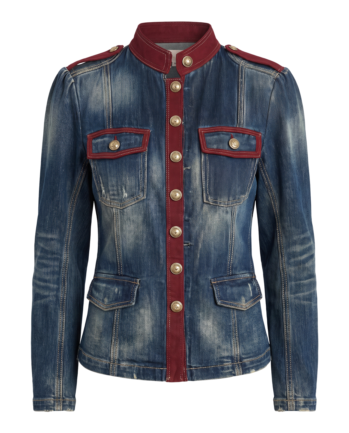 Blue washed denim military jacket with burgundy stand collar, burgundy placket and gold buttons, front view on white