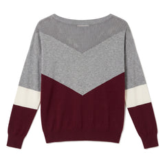 Women's color block boat neck pointelle knit sweater in burgundy, grey and cream, front view