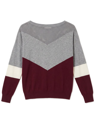 Women's color block boat neck pointelle knit sweater in burgundy, grey and cream, front view