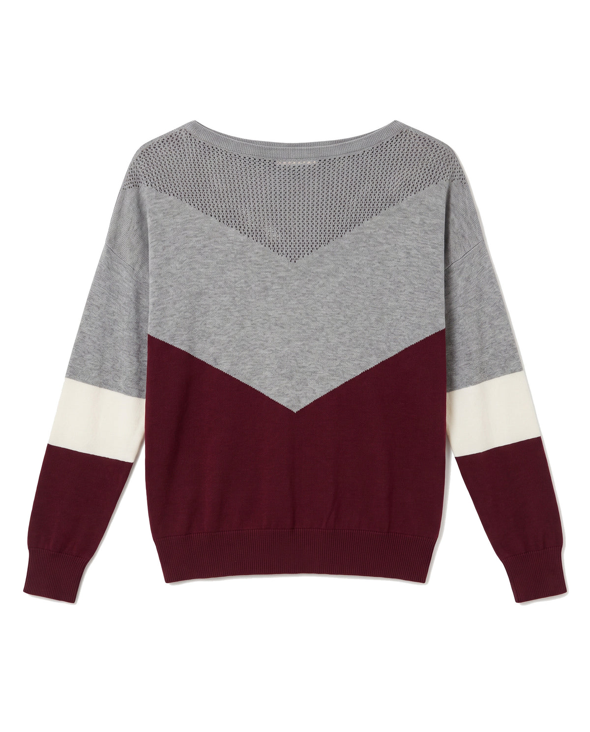 Women's color block boat neck pointelle knit sweater in burgundy, grey and cream, front view
