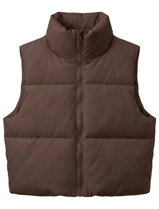 Coffee brown cropped puffer vest, front view