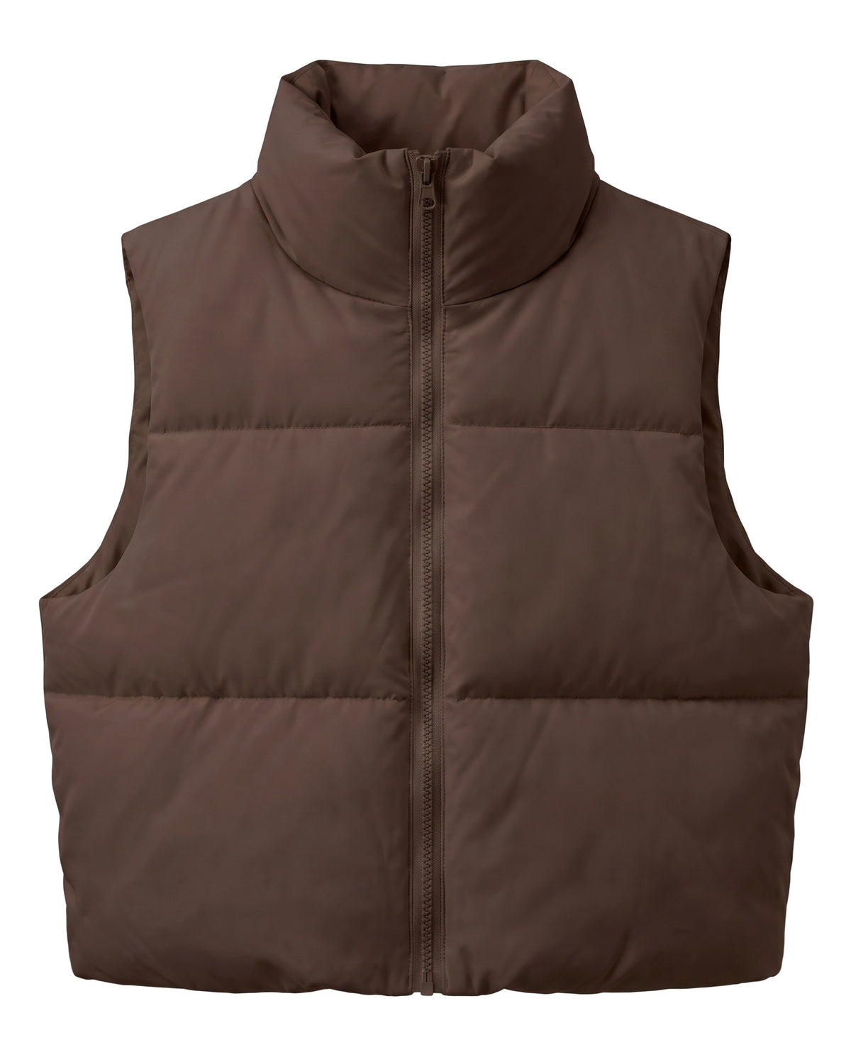 Coffee brown cropped puffer vest, front view