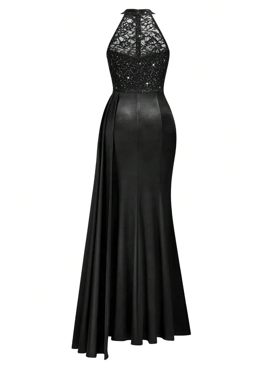 Valentina | Women's Sequin Lace Draped Maxi Evening Dress
