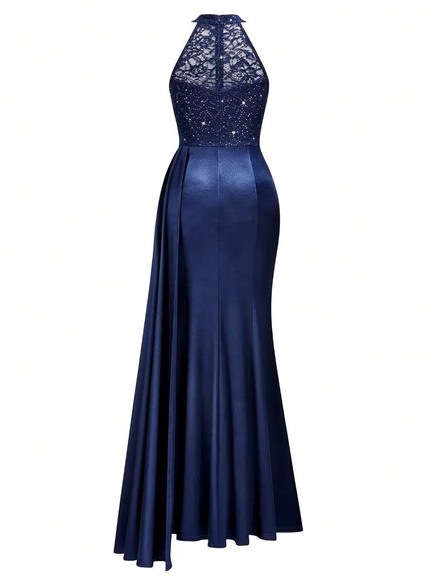 Valentina | Women's Sequin Lace Draped Maxi Evening Dress