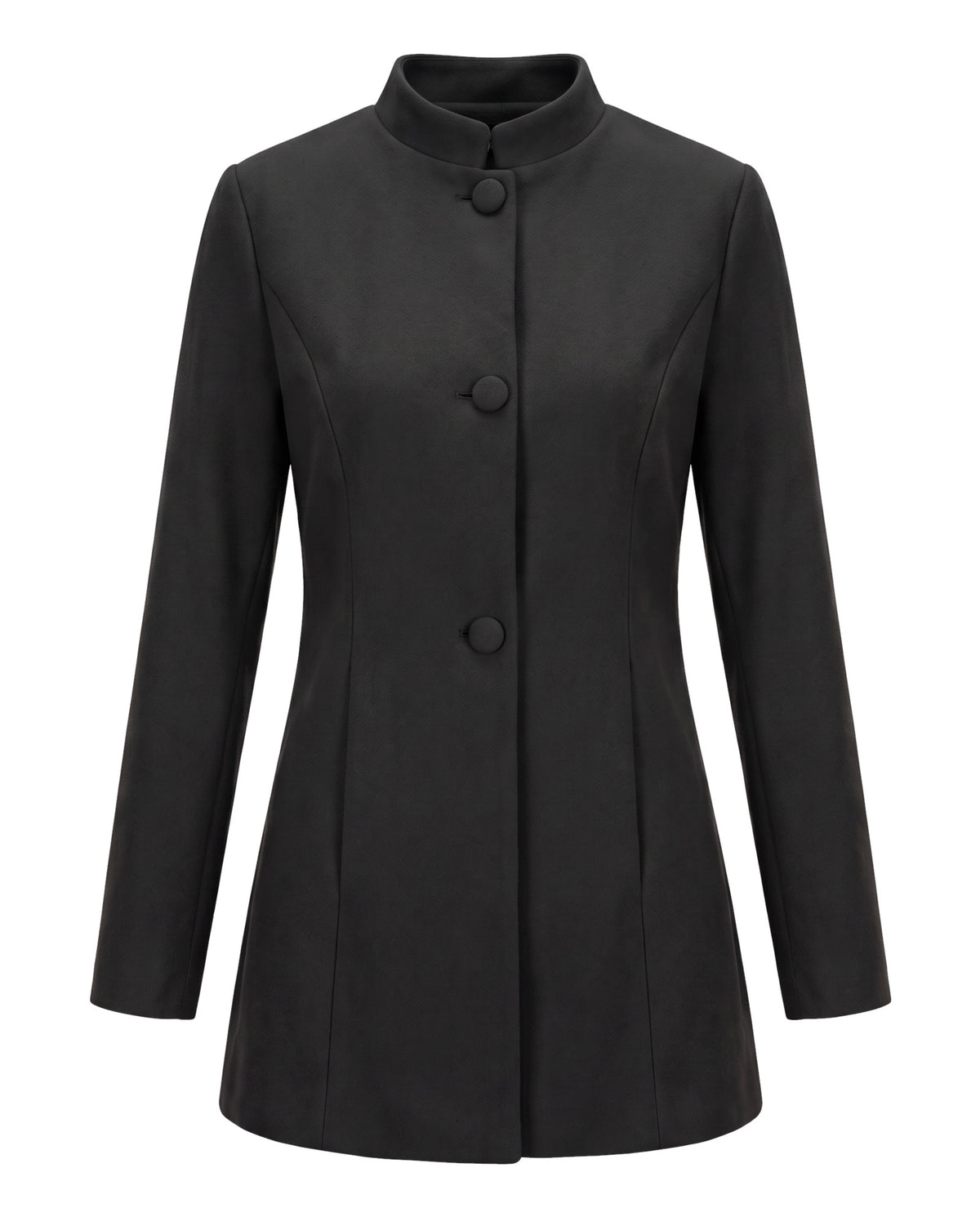 Women's stand collar coat in black, front view