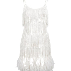 White tiered fringe mini dress with feather hem, front view