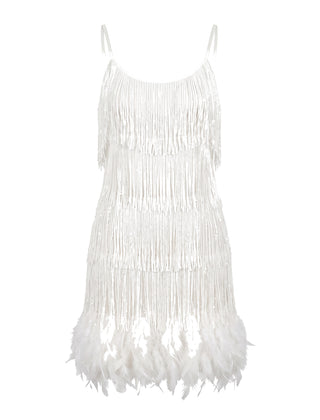 White tiered fringe mini dress with feather hem, front view