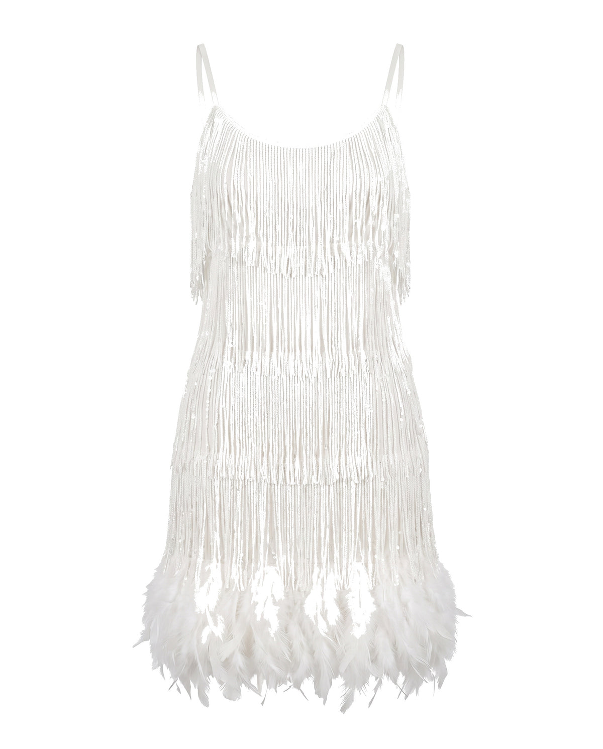 White tiered fringe mini dress with feather hem, front view