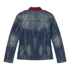 Back view of the blue denim military jacket with burgundy collar and epaulettes on white