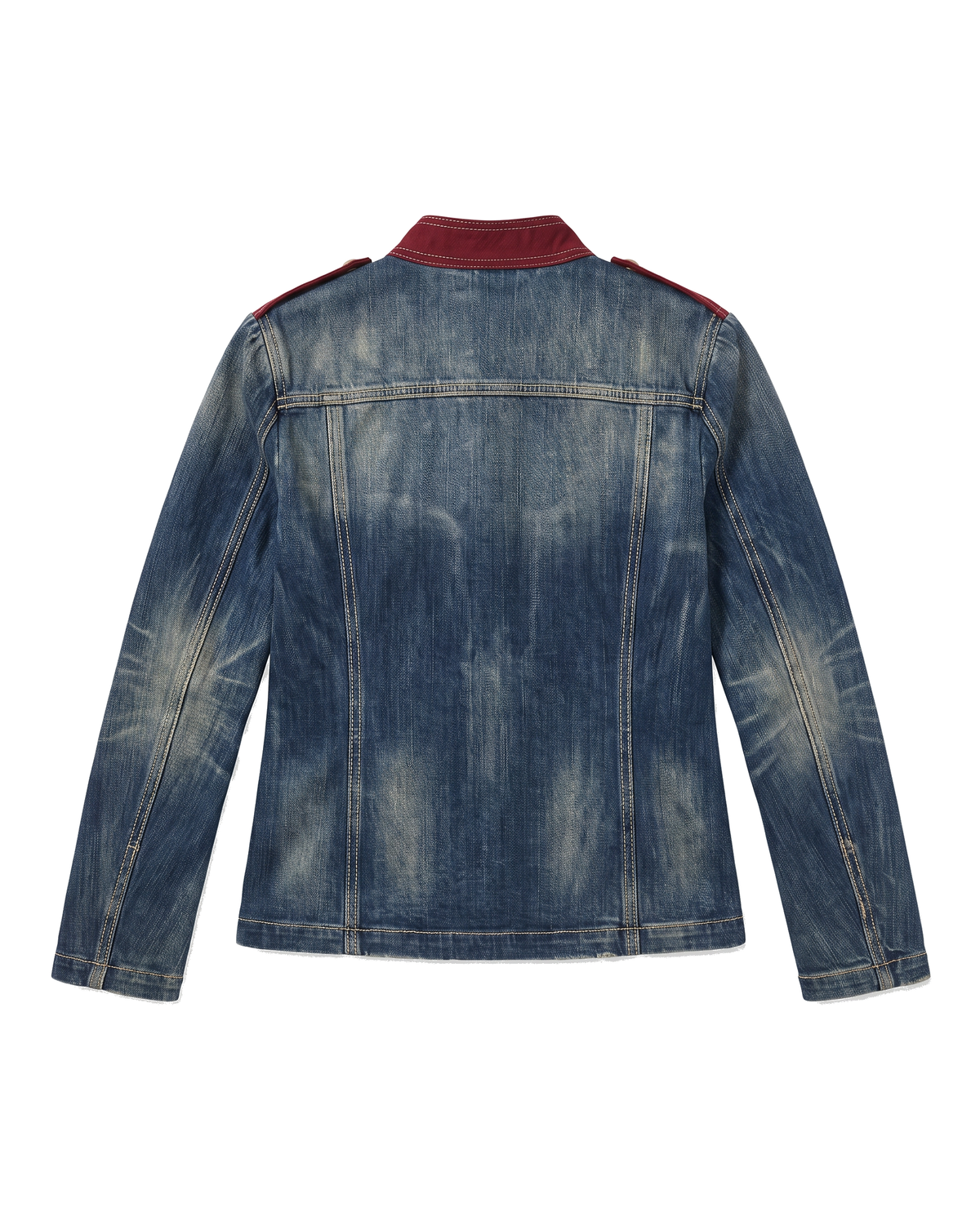 Back view of the blue denim military jacket with burgundy collar and epaulettes on white