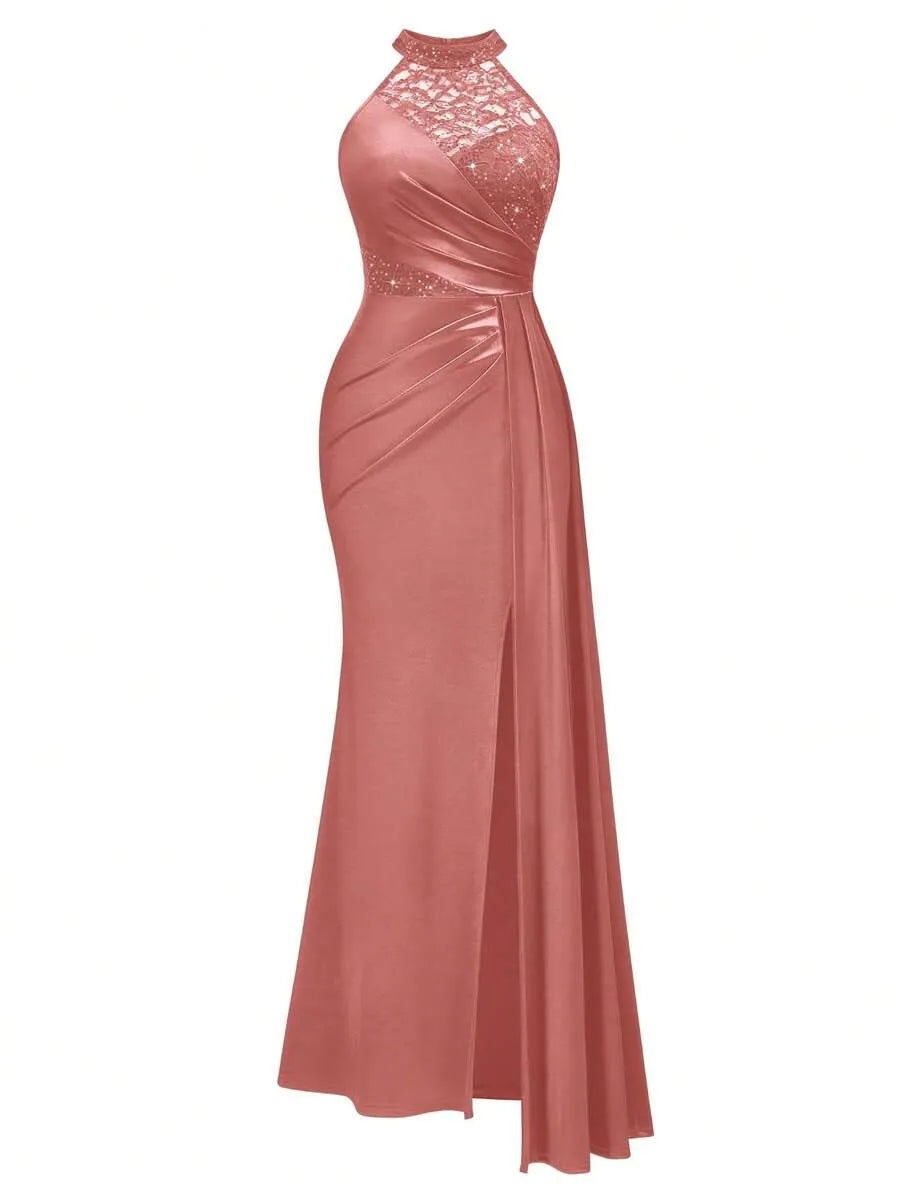 Valentina | Women's Sequin Lace Draped Maxi Evening Dress