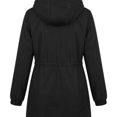 Black hooded parka jacket for women, back view