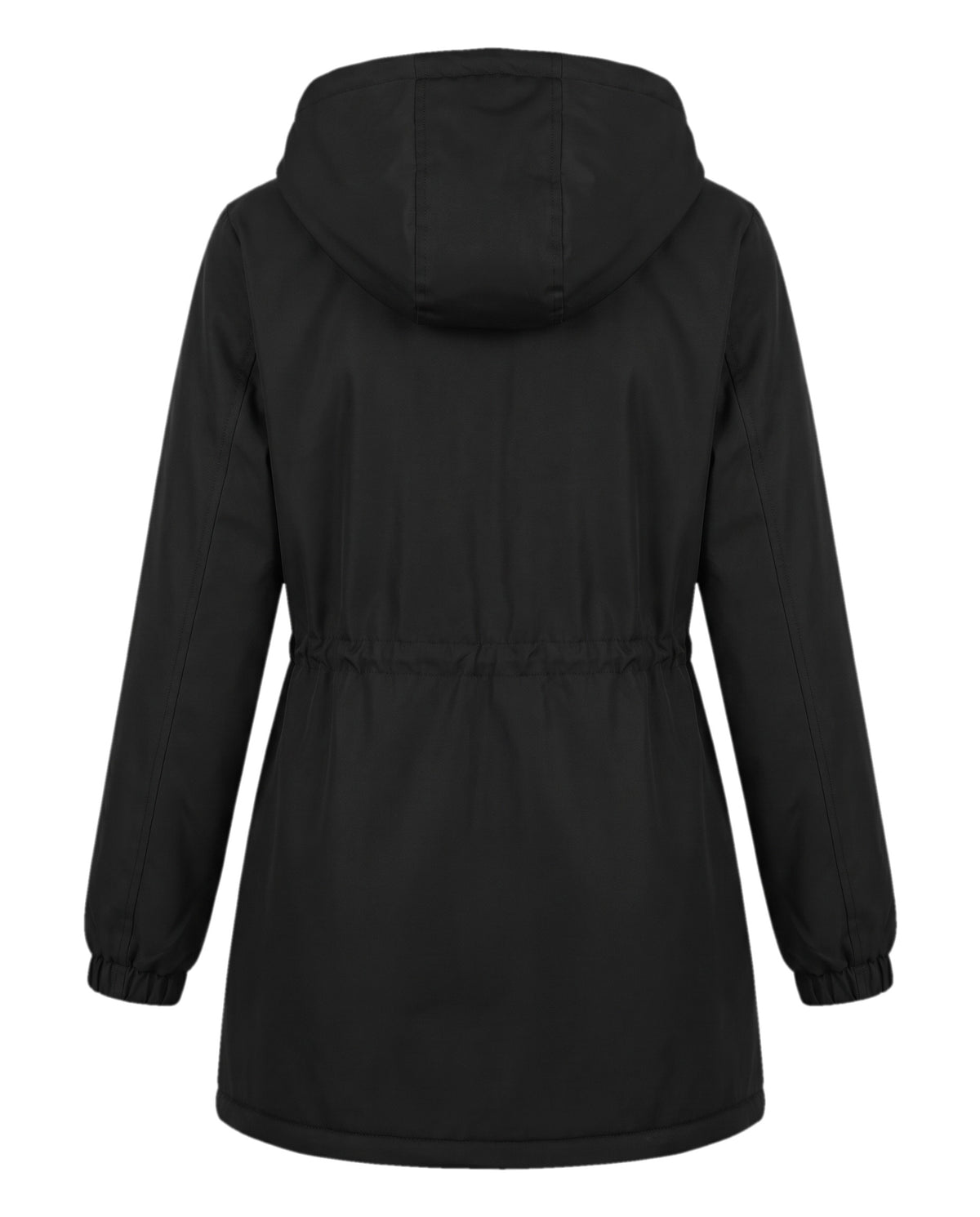 Black hooded parka jacket for women, back view