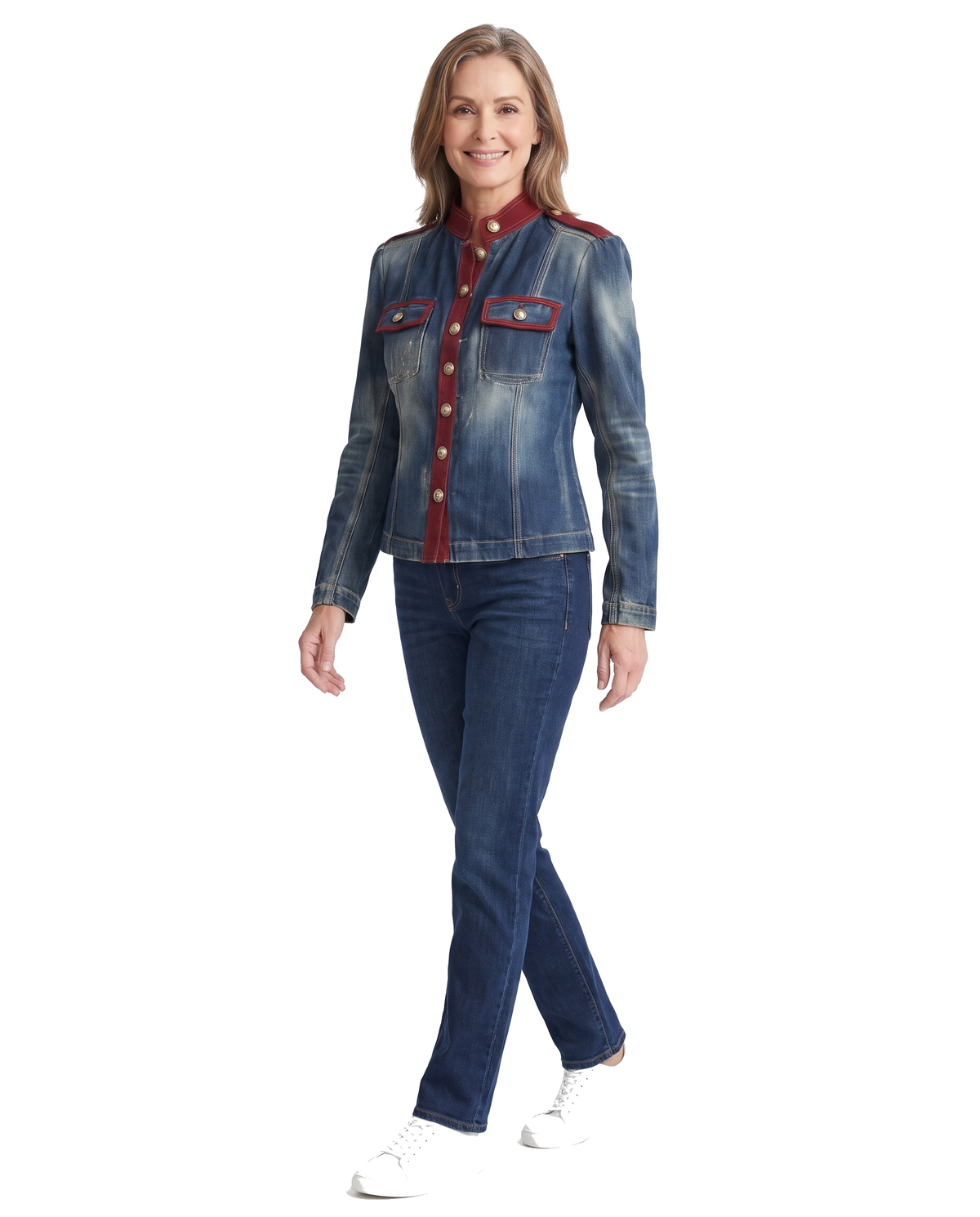 Woman walking in the blue denim military jacket, three quarter view on white