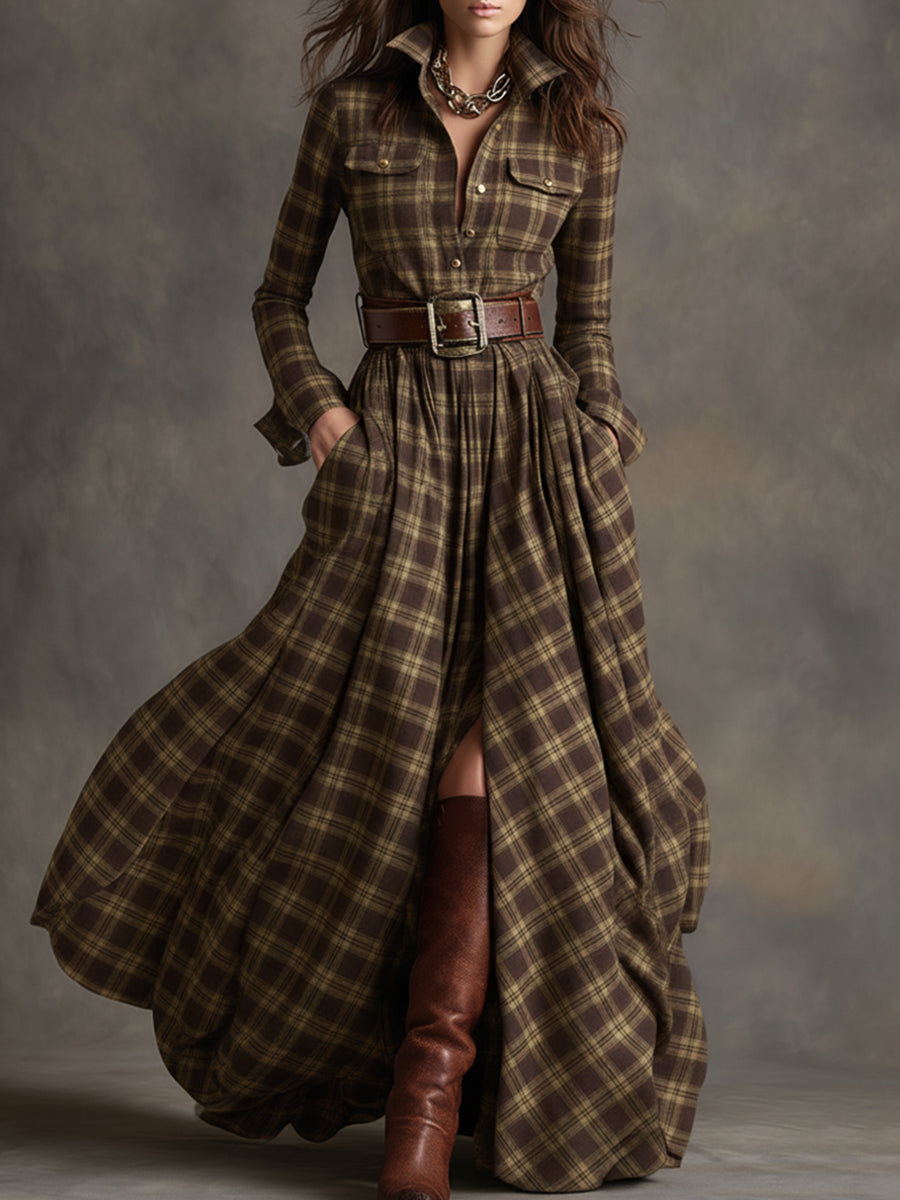 Rosalind | Women's Plaid Lapel Maxi Dress