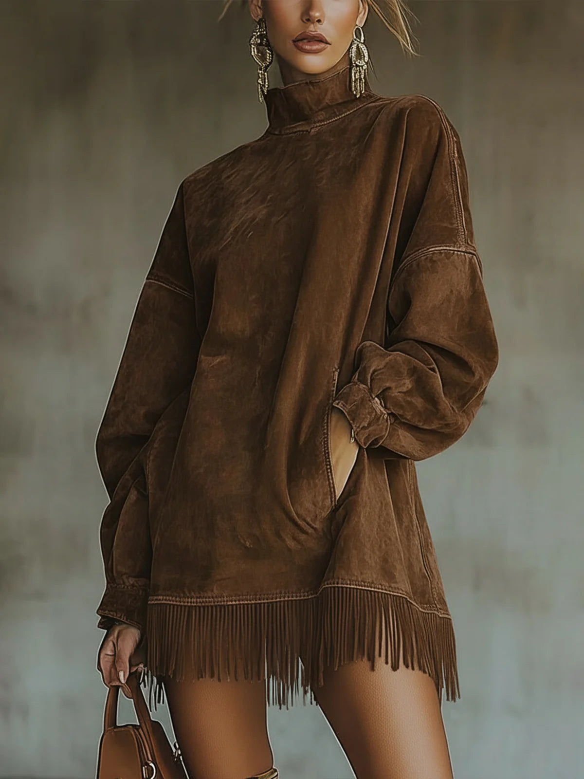Marlowe | Women's Faux Suede Fringe Hem Midi Dress