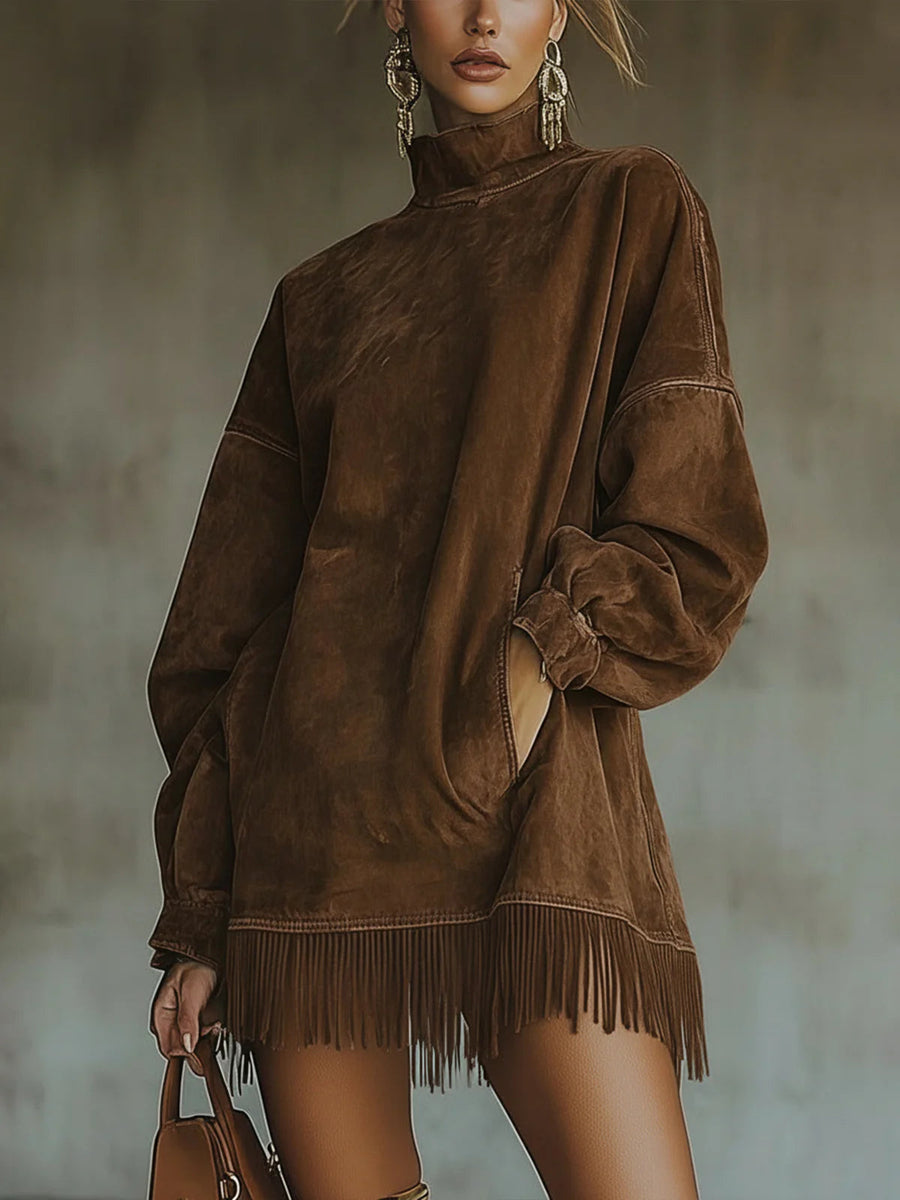 Marlowe | Women's Faux Suede Fringe Hem Midi Dress
