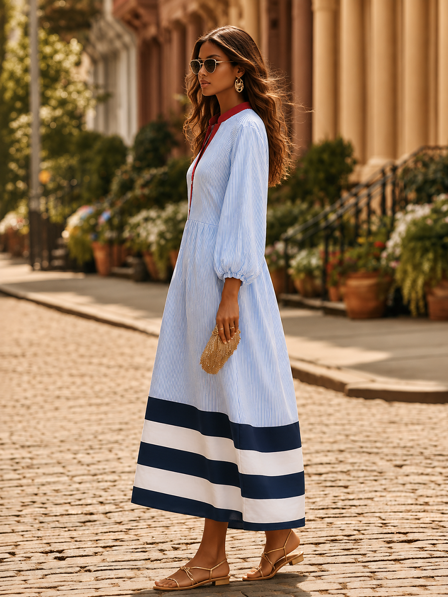 Adeline | Women's Striped Midi Dress with Buttons