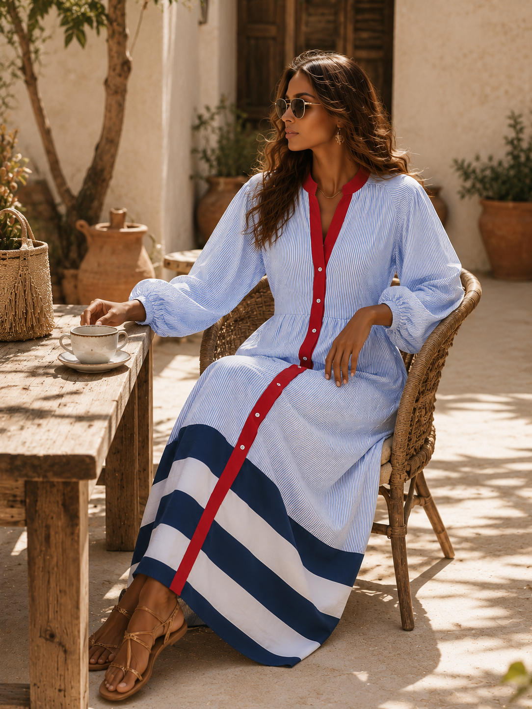 Adeline | Women's Striped Midi Dress with Buttons