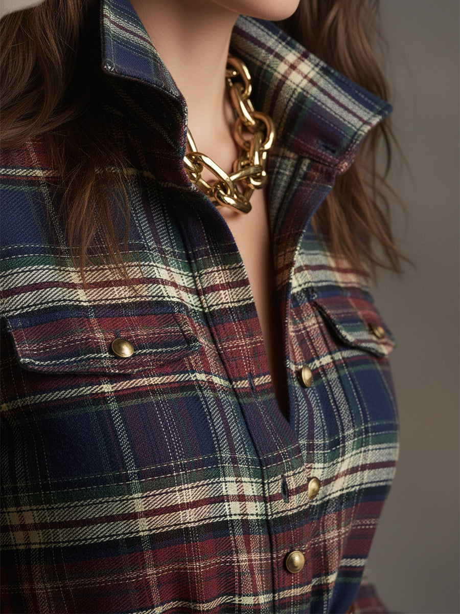 Rosalind | Women's Plaid Lapel Maxi Dress