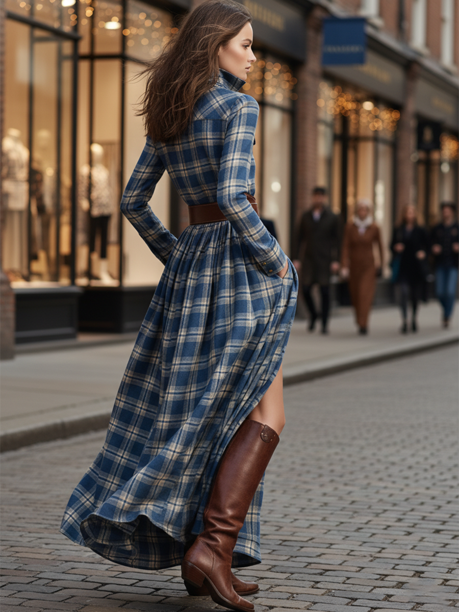 Rosalind | Women's Plaid Lapel Maxi Dress