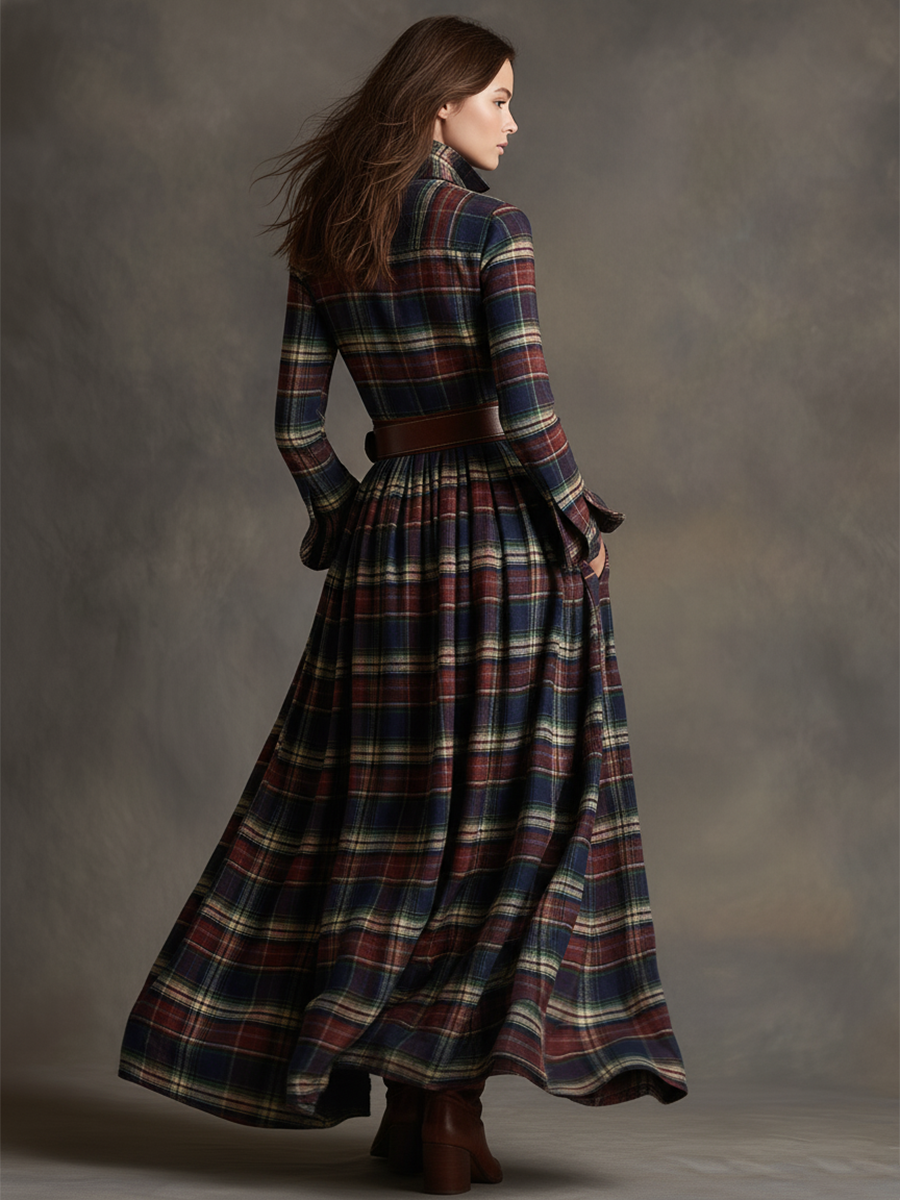Rosalind | Women's Plaid Lapel Maxi Dress