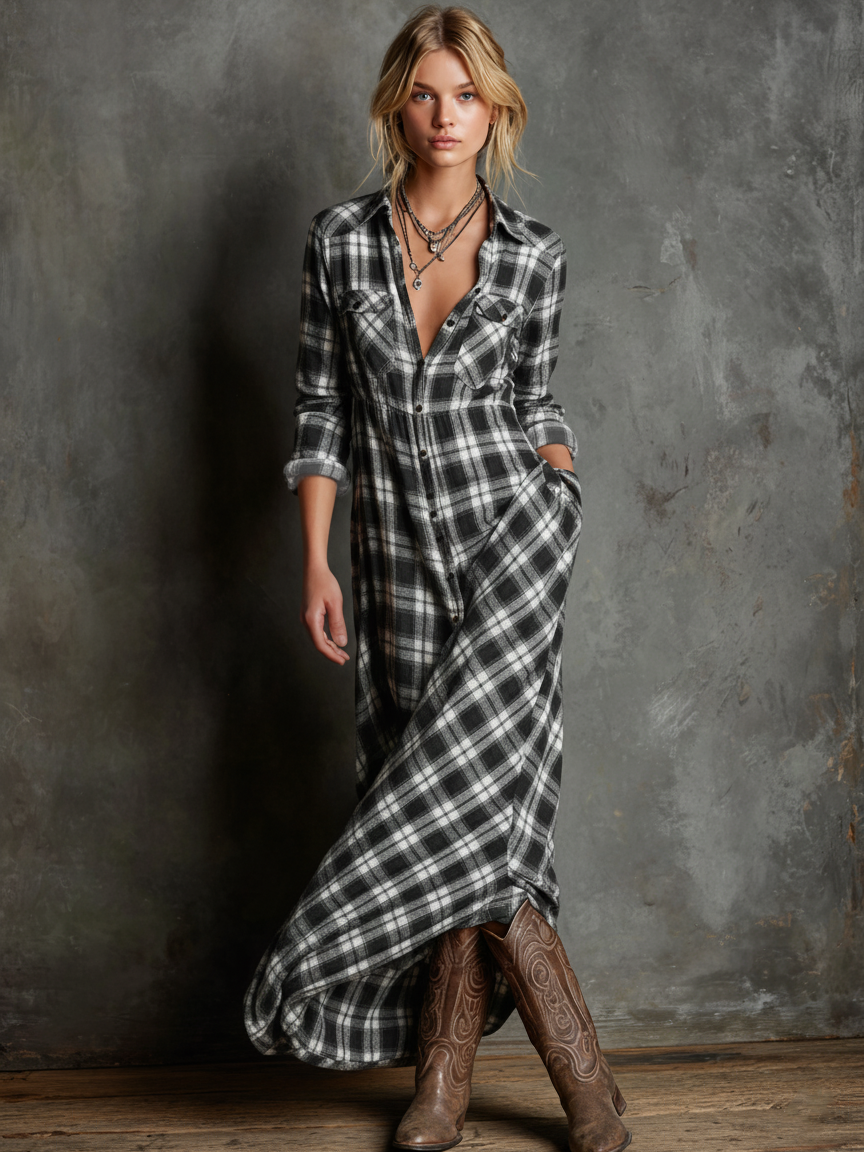 Marielle | Women's Plaid Lapel Shirt Maxi Dress