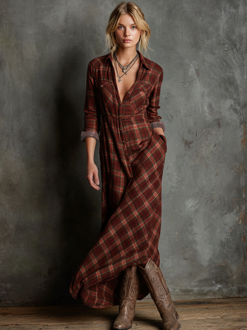 Marielle | Women's Plaid Lapel Shirt Maxi Dress