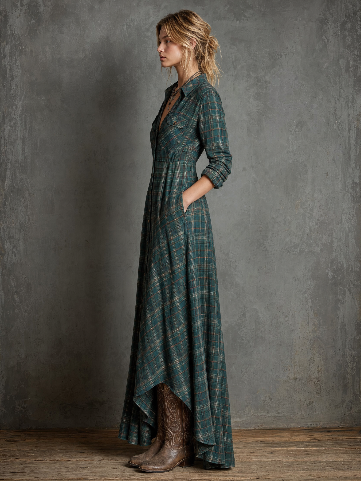 Marielle | Women's Plaid Lapel Shirt Maxi Dress