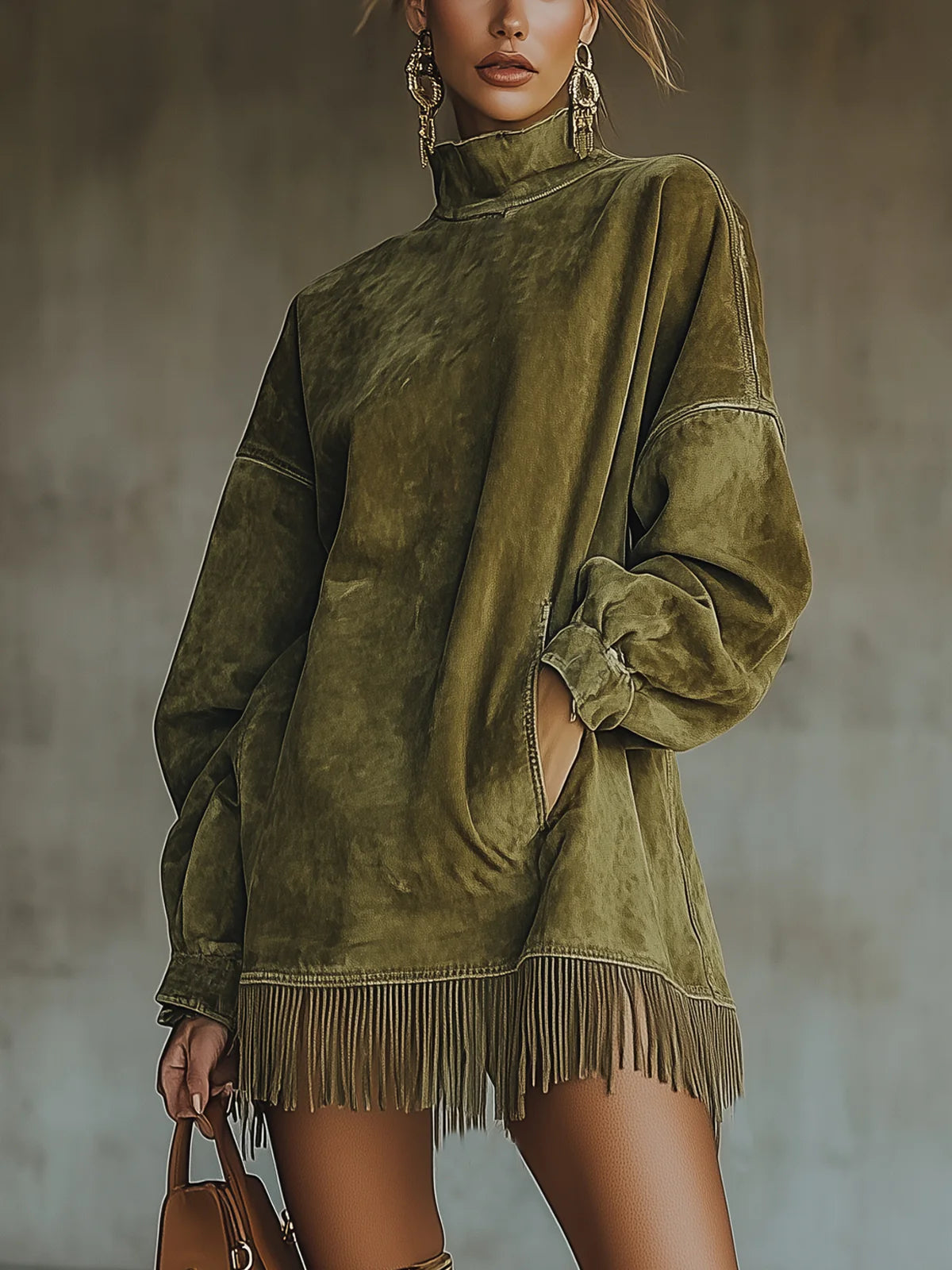 Marlowe | Women's Faux Suede Fringe Hem Midi Dress