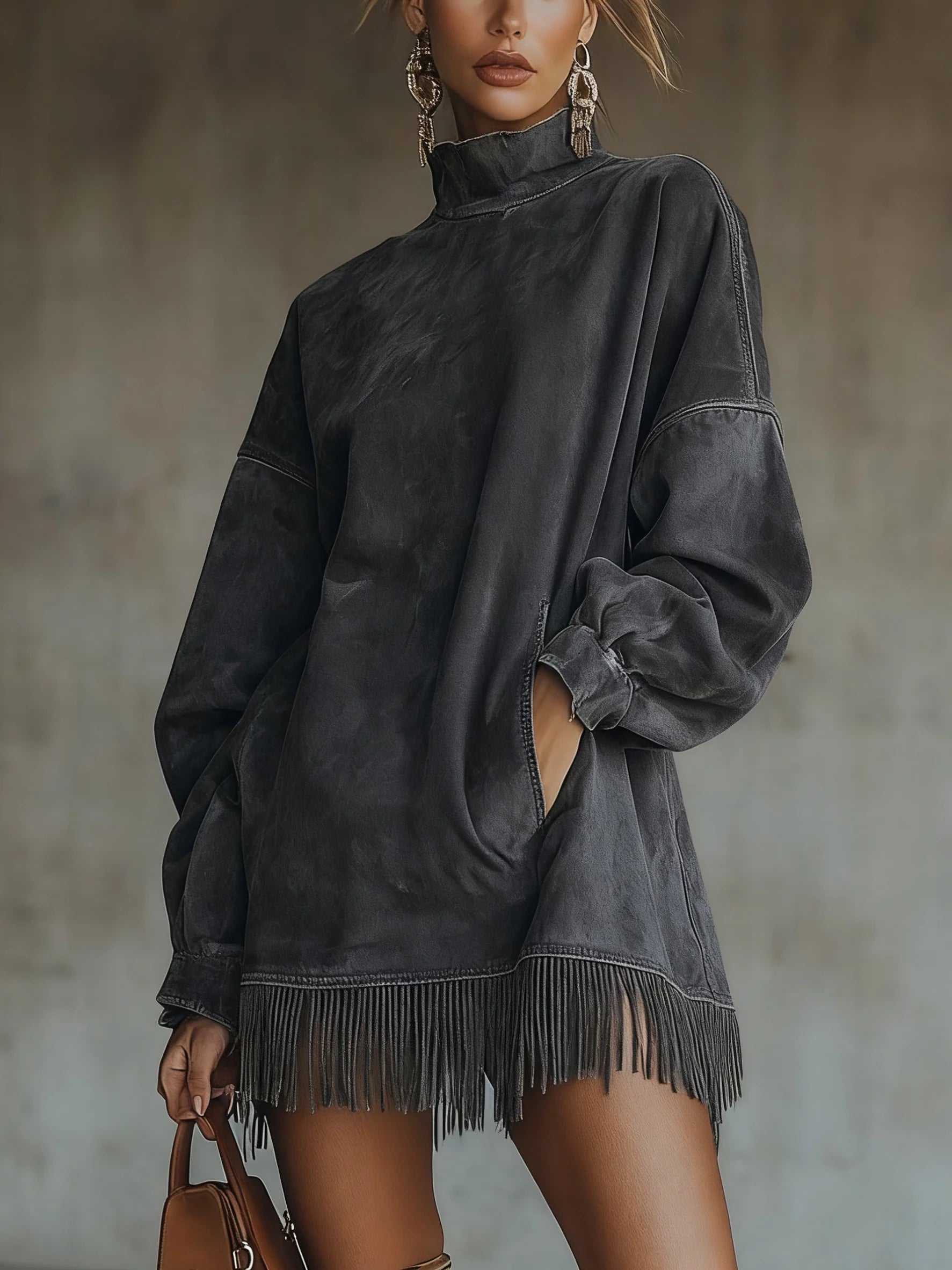 Marlowe | Women's Faux Suede Fringe Hem Midi Dress