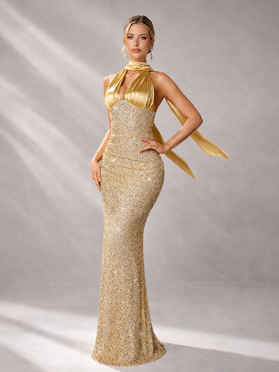 Halina | Women's Sequin Halter Backless Mermaid Gown