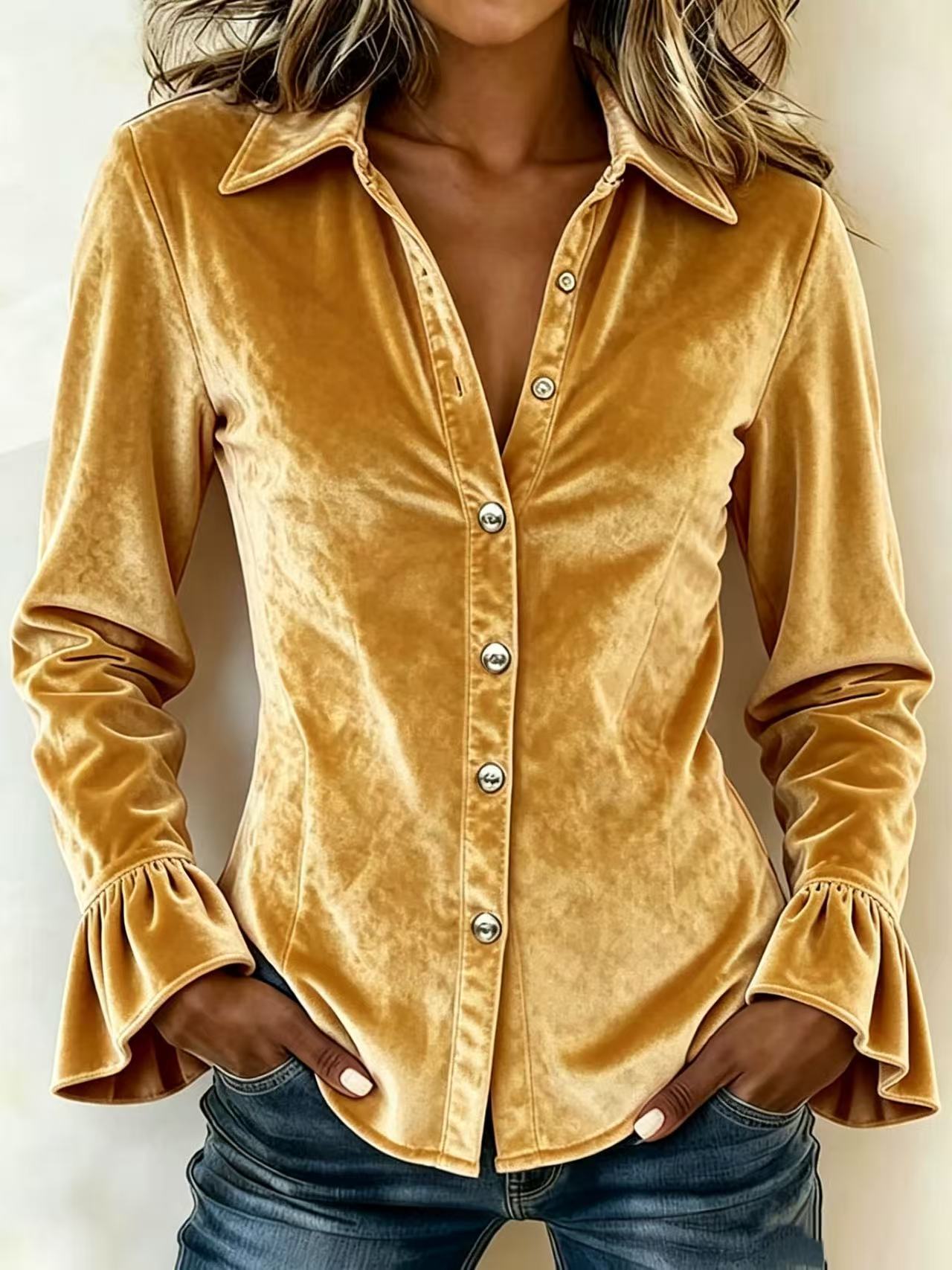 Adeline | Women's Velvet Button-Front Ruffled Shirt Dress