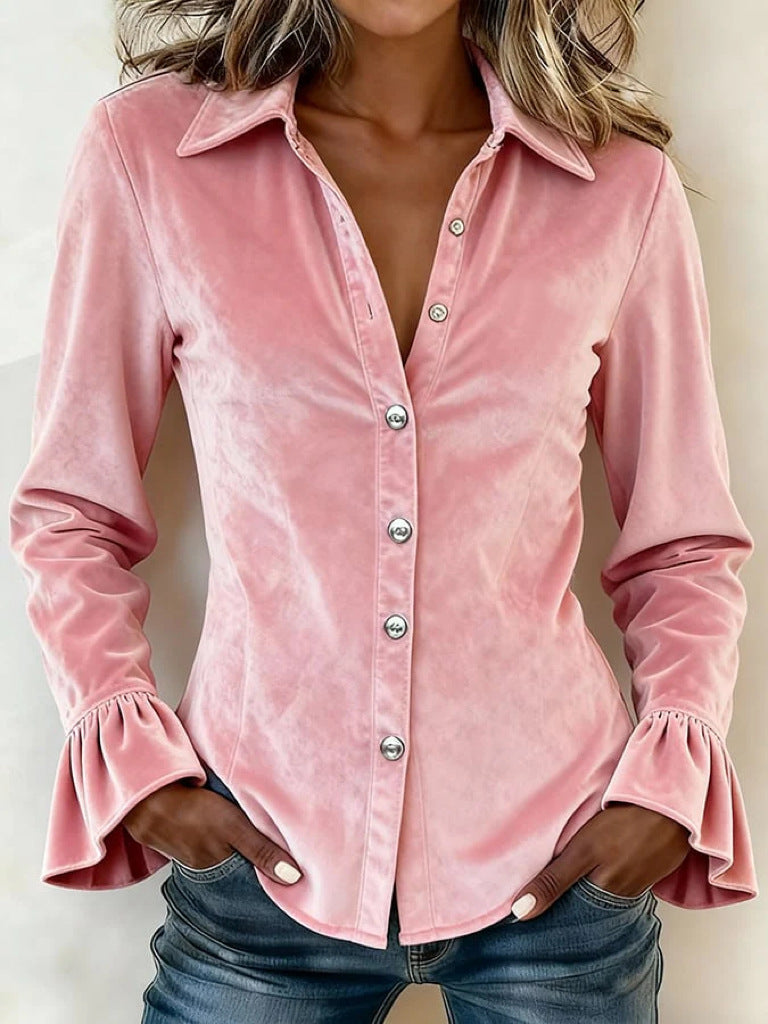 Adeline | Women's Velvet Button-Front Ruffled Shirt Dress
