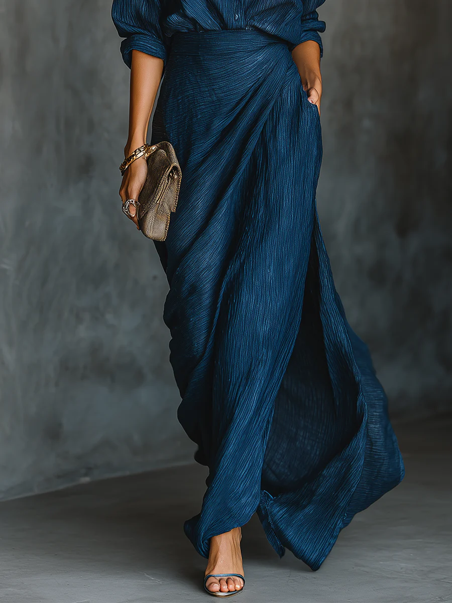 Hailey | Elegant Dark Blue Shirt & Long Skirt Set