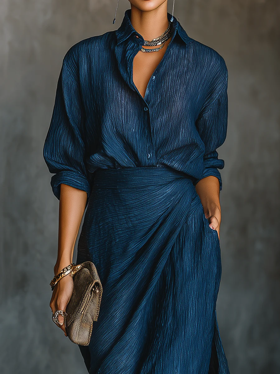 Hailey | Elegant Dark Blue Shirt & Long Skirt Set