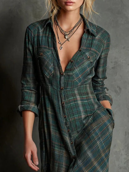 Marielle | Women's Plaid Lapel Shirt Maxi Dress