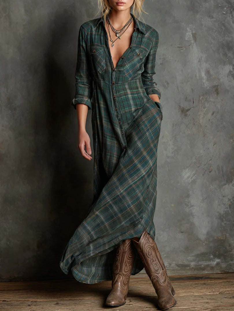 Marielle | Women's Plaid Lapel Shirt Maxi Dress