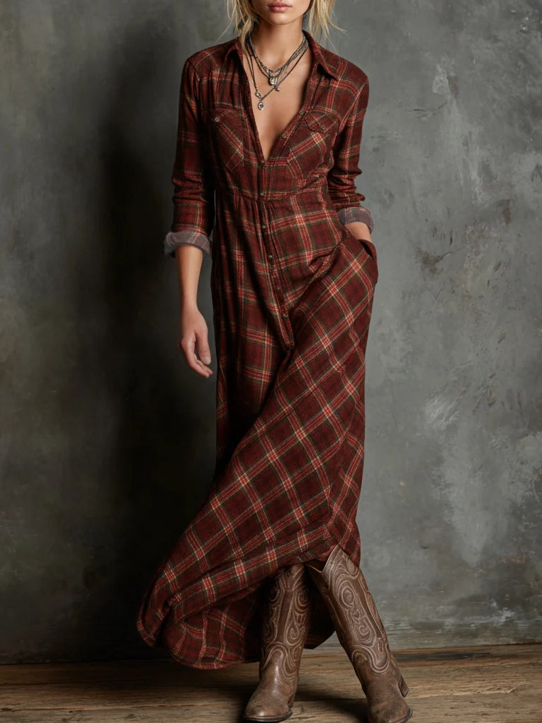 Marielle | Women's Plaid Lapel Shirt Maxi Dress