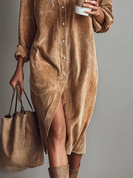Corinne | Women's Corduroy Midi Shirt Dress with Pockets