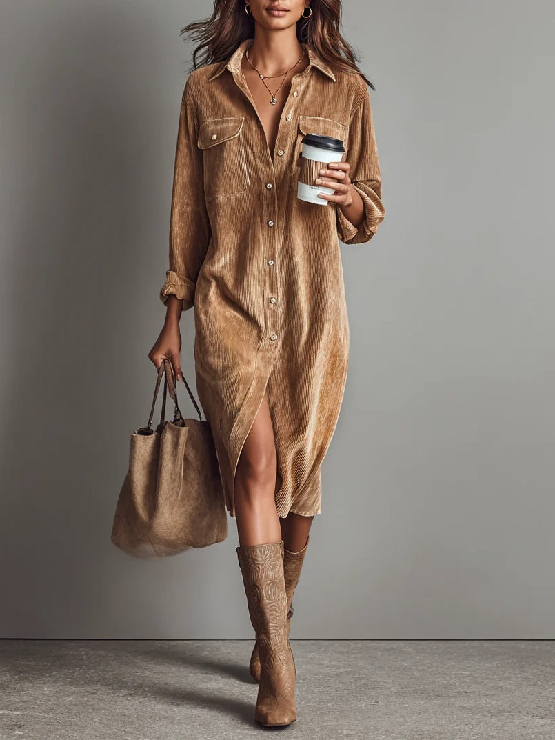 Corinne | Women's Corduroy Midi Shirt Dress with Pockets