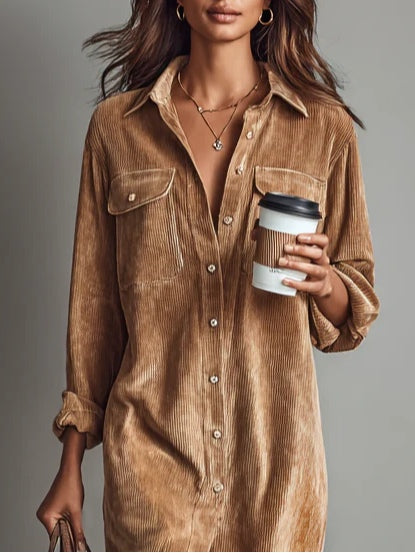 Corinne | Women's Corduroy Midi Shirt Dress with Pockets