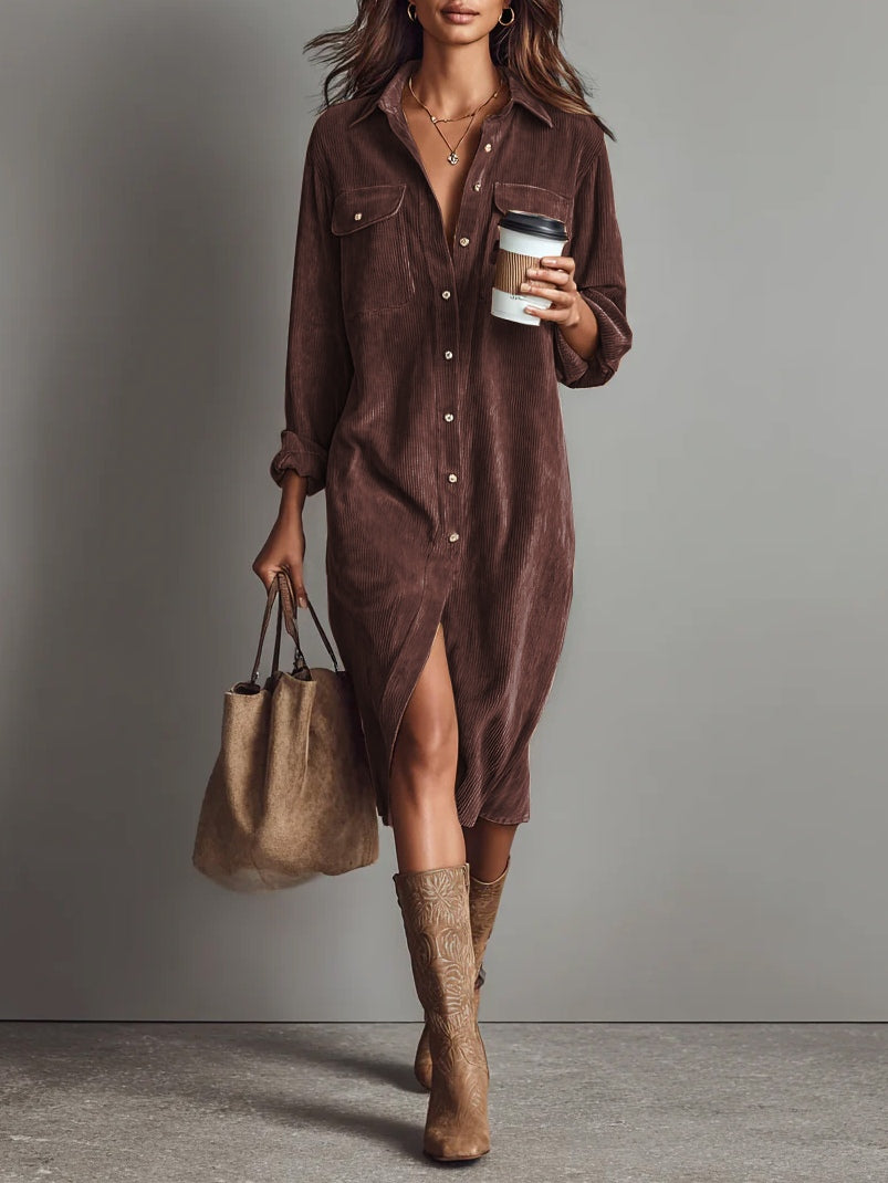 Corinne | Women's Corduroy Midi Shirt Dress with Pockets